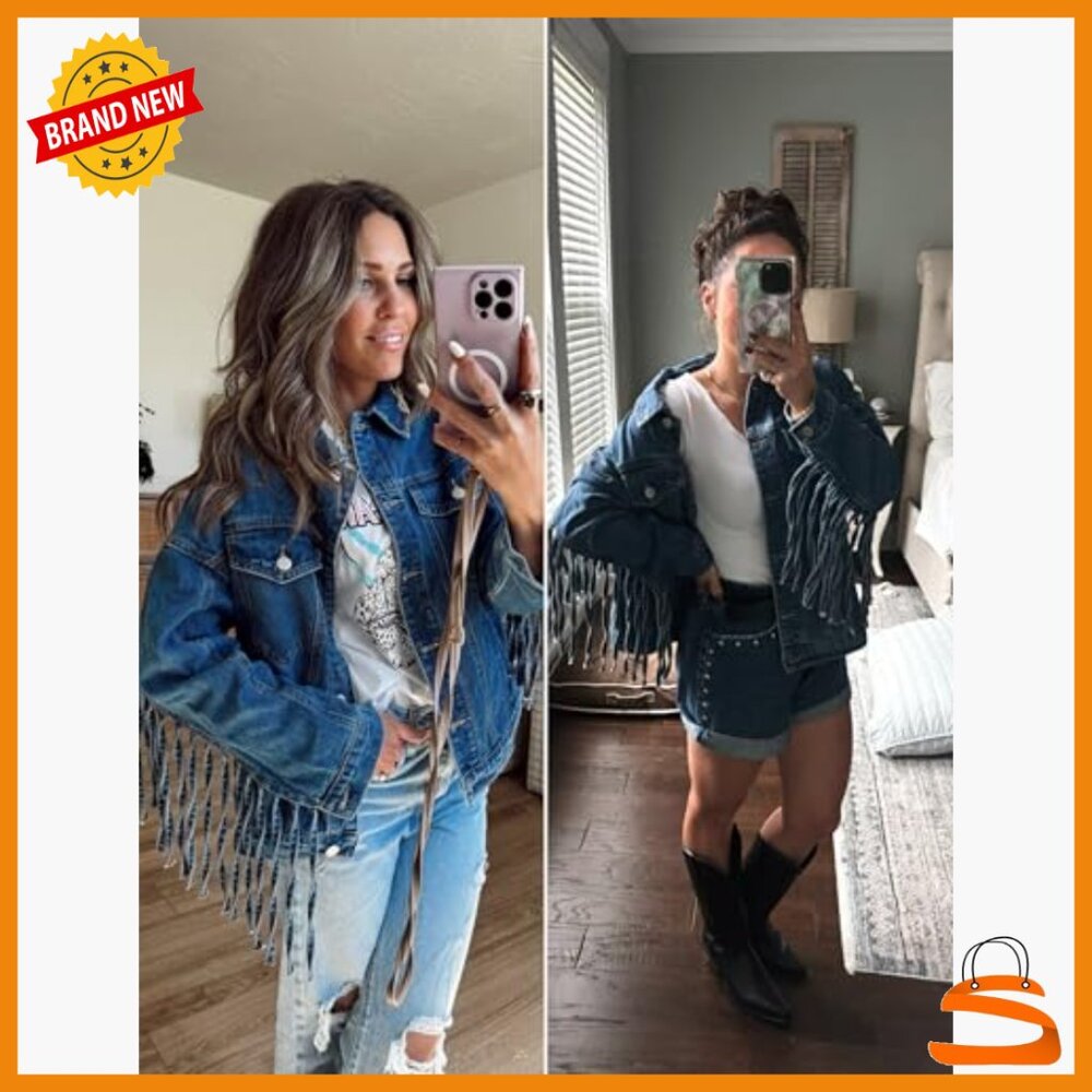 Oversized Denim Jacket with Fringe Tassels, Loose Fit, Button Front - Picture 4 of 7